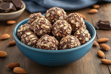 Obraz premium A bowl of decadent chocolate truffles, generously coated in chopped almonds. A delightful treat for any occasion!