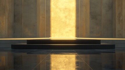 Illuminated golden doorway in modern setting.