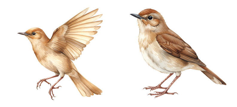 Watercolor two rufous nightingale birds one standing and one flying with wings spread on a plain setting art on transparent background