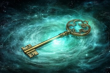 A golden key floating in mid-air, surrounded by a soft magical glow, unlocking an invisible door