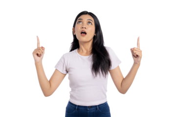 Young Asian woman pointing upwards with both hands, looking surprised or thoughtful, isolated on transparent background