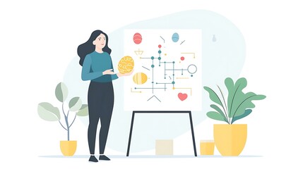 Obraz premium Female entrepreneur standing beside a flowchart, holding an Easter egg while explaining campaign strategies