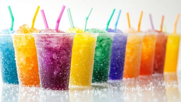 Rainbow of refreshing frozen treats!  A vibrant summer image featuring colorful shaved ice drinks.