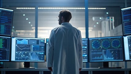 A scientist in a lab coat analyzes data on multiple screens, showcasing advanced technology in a modern research environment.