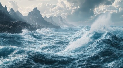 Fototapeta premium A roaring ocean with massive waves rolling toward an unforgiving rocky coastline, sea foam swirling in the stormy air