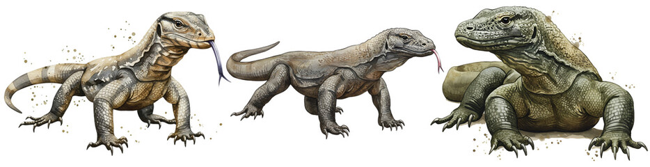 Fototapeta premium Watercolor three komodo dragons with their tongues out posing for a picture on a plain setting on transparent background