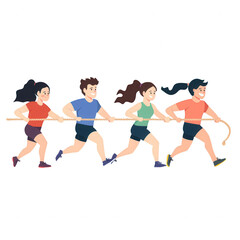 A group of four animated characters running in a race, showcasing teamwork and competitive spirit. Ideal for sports illustrations and youth activities.