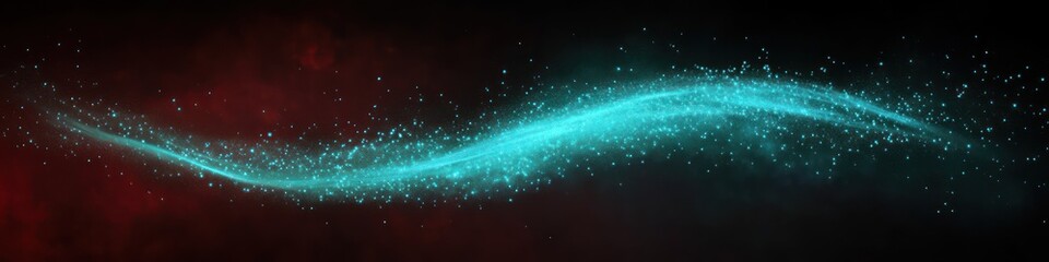 A magical teal dust trail gliding through the air on a dark red background