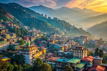 Fototapeta premium Panoramic Bird's Eye View of Gangtok Cityscape from Ganesh Tok, Sikkim, India