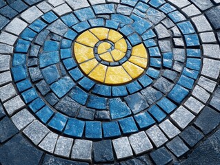 Fototapeta premium A vibrant spiral mosaic design featuring blue and yellow stones arranged in a captivating pattern, set against a clean surface, ideal for artistic and decorative use in various settings