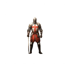 Naklejka premium A medieval knight in shining armor, holding a sword, wearing a red cross insignia, standing confidently against a white isolated background.
