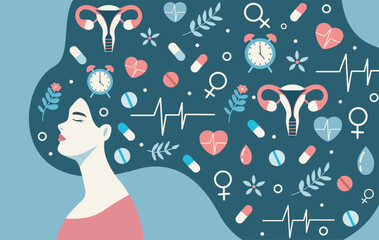  International Women's Health Day. Women with long hair and elements of medicine health, uterus, clock, flowers, heart. Women's mental health. Vector illustration place for text for health projects