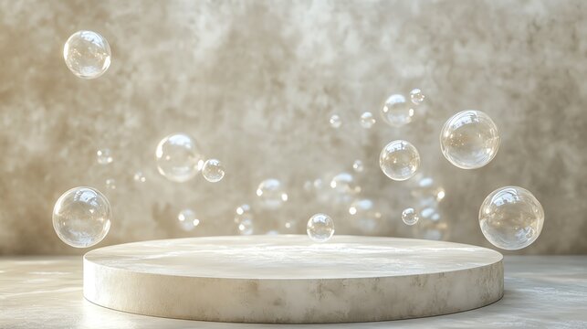 Floating bubbles on a minimalist marble pedestal.
