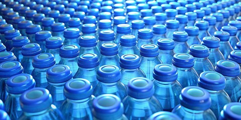 Panoramic Close-Up: Rows of Plastic Water Bottles with Blue Caps