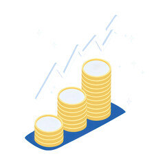 An illustration depicting rising financial success with stacks of coins and a growth arrow, symbolizing investment, profits, and economic growth.