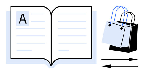 Open book with large letter A on the page, next to two stacked shopping bags and directional arrows. Ideal for education, shopping, literacy, commerce, navigation, organization, planning themes