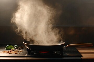 Steam rising from frying pan, capturing essence of cooking momen