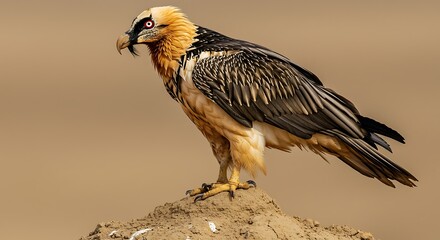 Majestic bearded vulture stands tall on a small mound of earth against a muted desert backdrop its intense gaze captivating the viewer