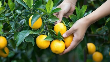 Hands carefully picking fresh fruit from a fruit tree.