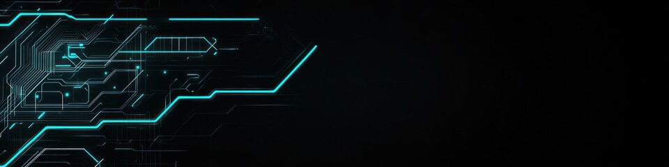 A midnight black background with glowing cyan lines on the left, highlighting the complex structure of circuit patterns and tech-inspired geometric shapes