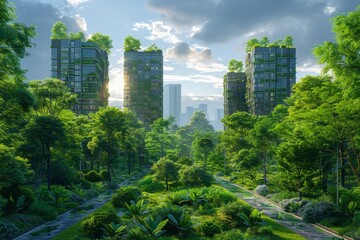 Obraz premium Urban oasis featuring modern buildings surrounded by lush greenery and rich vegetation in a vibrant city setting