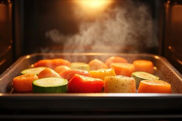 Roasted vegetables glisten inside oven with steam rising, creati