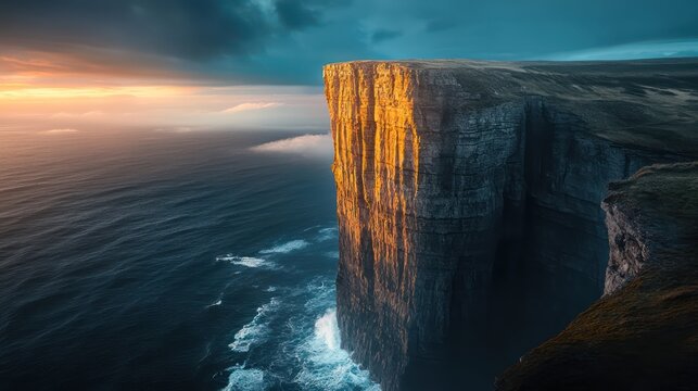 A towering coastal cliff illuminated by golden light, waves crashing far below, the endless horizon blending sky and sea
