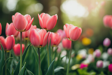 Fototapeta premium Beautiful pink tulips in a vibrant garden during springtime sunshine
