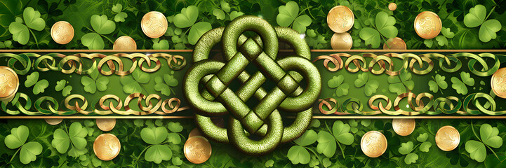 Decorative green pattern featuring intertwined knot design surrounded by golden coins and clovers