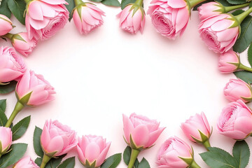 Fototapeta premium pink flowers and eucalyptus leaves on a white background