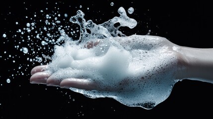 Fototapeta premium Hand holding a foam soap dispenser with a bubbly foam texture.