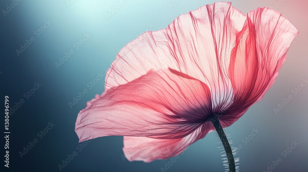 Poster in a tranquil garden, a single petal emerges, illuminated by gentle twilight. the soft hues and intr