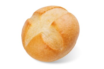 Kaiser roll bun with a cross cut on top on a white isolated background