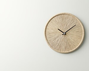 A stylish wall clock is showcased against a soft wall, featuring a woven design and simple black hands. This elegant timepiece adds a modern touch to any decor