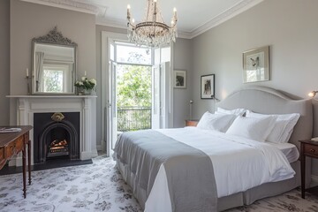 A luxurious bedroom featuring a fireplace and balcony access