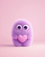 Fototapeta premium A charming purple fuzzy character stands holding a small pink heart. The soft texture and big eyes bring a playful and affectionate vibe, set against a light pastel background