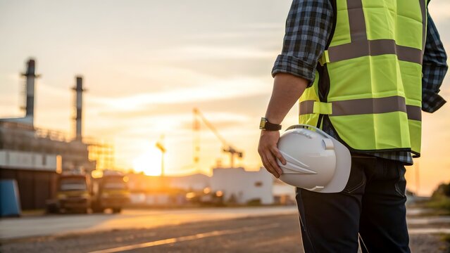 Industrial Worker Holding Hard Hat at Sunset Site