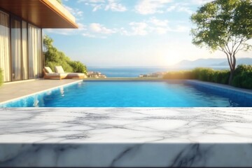 Fototapeta premium Marble table top for product placement with blurred background of a beautiful blue water pool, in a pretty villa