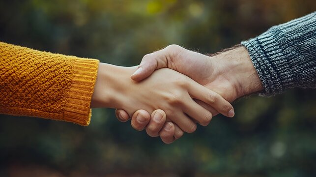 Close up of two hands, male and female, shaking hands outdoors.