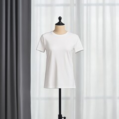 A plain white t-shirt is displayed on a mannequin in a bright room. The sheer curtains allow natural light to illuminate the soft fabric, showcasing its simple design and cut