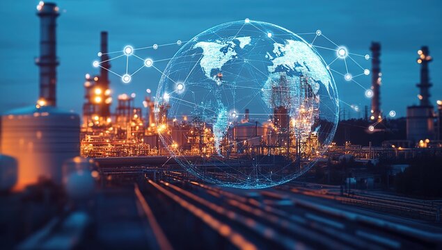 Global Network and Industrial Plant at Night