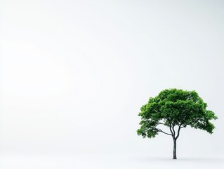 Obraz premium A solitary green tree with lush leaves rises prominently against a stark white backdrop. The simplicity emphasizes its beauty in natural light and evokes feelings of tranquility and solitude
