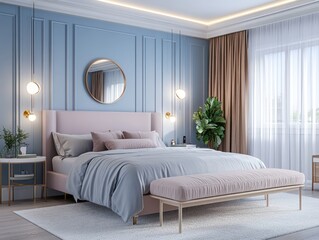 A luxurious bedroom interior showcasing furniture and elegant design elements