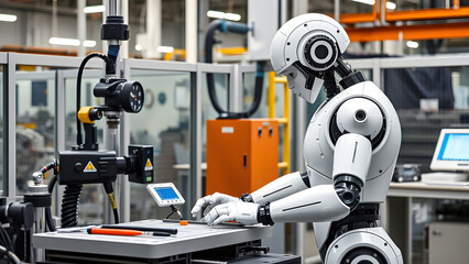 Fototapeta premium Humanoid Robot Working with Measuring Instruments in Modern Factory