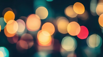 Obraz premium Vibrant bokeh lights illuminate the night in a city setting, creating a soft and colorful atmosphere. The blurred effect evokes a sense of warmth and nightlife excitement