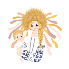 Ukrainian woman holds baby girl, woman and child dressed in traditional embroidered clothes and a wreath with wheat spikelets, vector illustrations isolated on white background