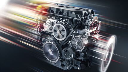 High-speed automotive engine with motion blur, showcasing mechanical components and dynamic energy