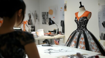 A behind-the-scenes look at a fashion designer sketching and creating clothing prototypes, modern and creative workspace,