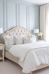 French countryside bedroom, pale blue wall panels, white bed with textured linen, recessed lighting, soft curtain, cozy night feel