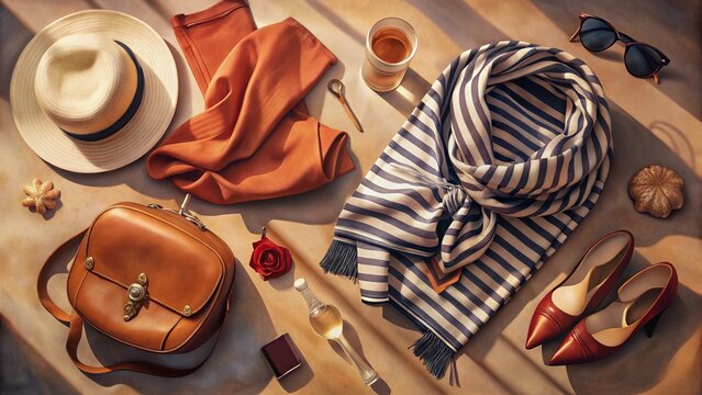 Parisian Chic: Vintage Flat Lay of Women's Fashion Accessories & Apparel